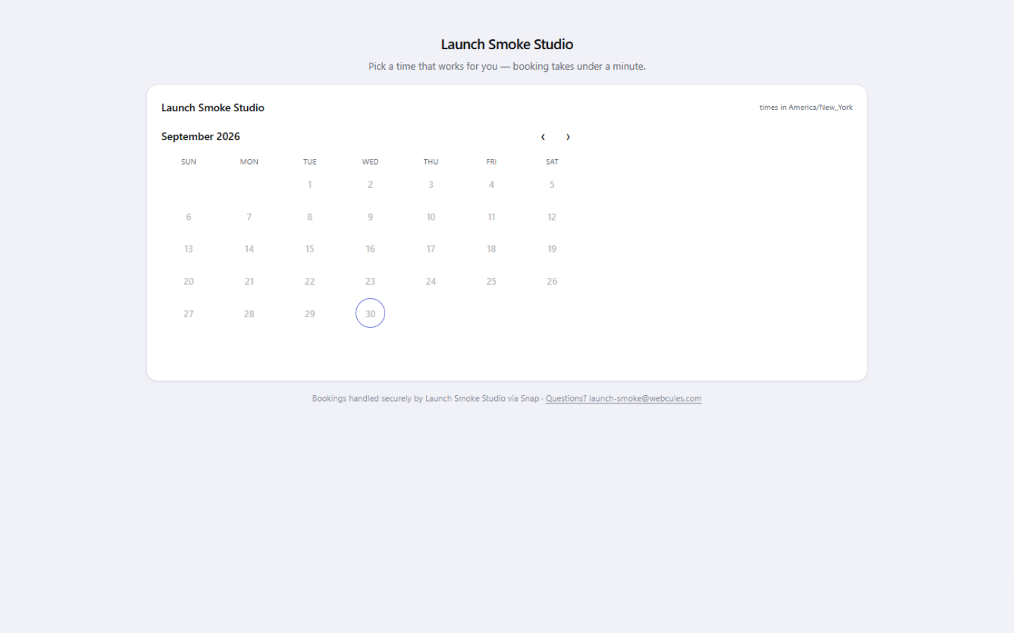 The public booking page: the studio's logo and welcome line above the embedded booking calendar.