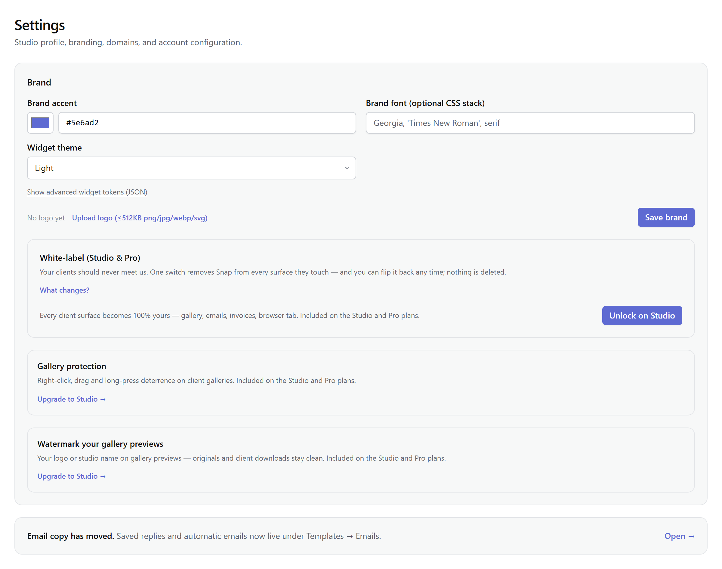 Settings → Brand: the accent picker, font field, logo upload, white-label card, and the watermark card with its live preview.
