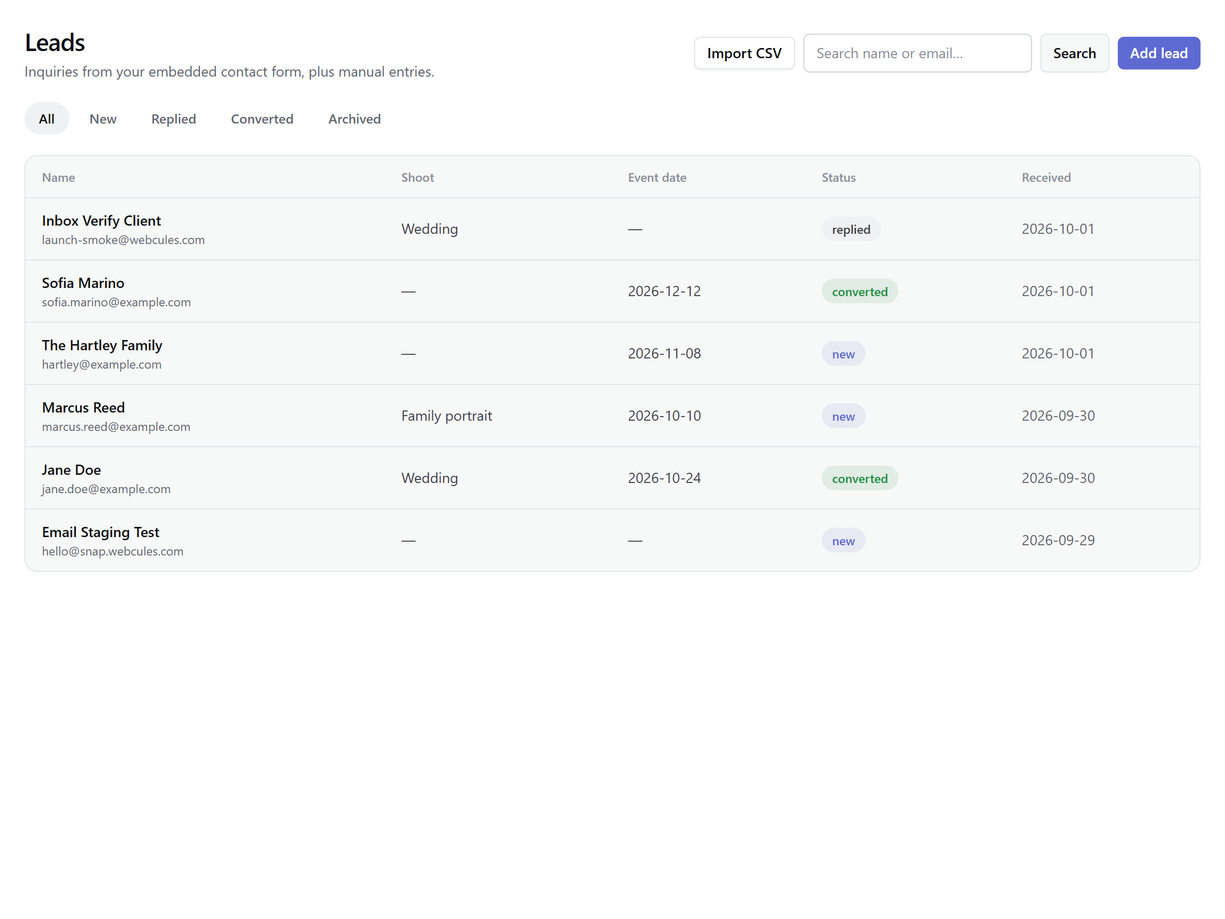 The Leads page: status tabs for All, New, Replied, Converted and Archived, an Import CSV button, a name-or-email search, Add lead, and a table of inquiries with shoot type, event date and status.