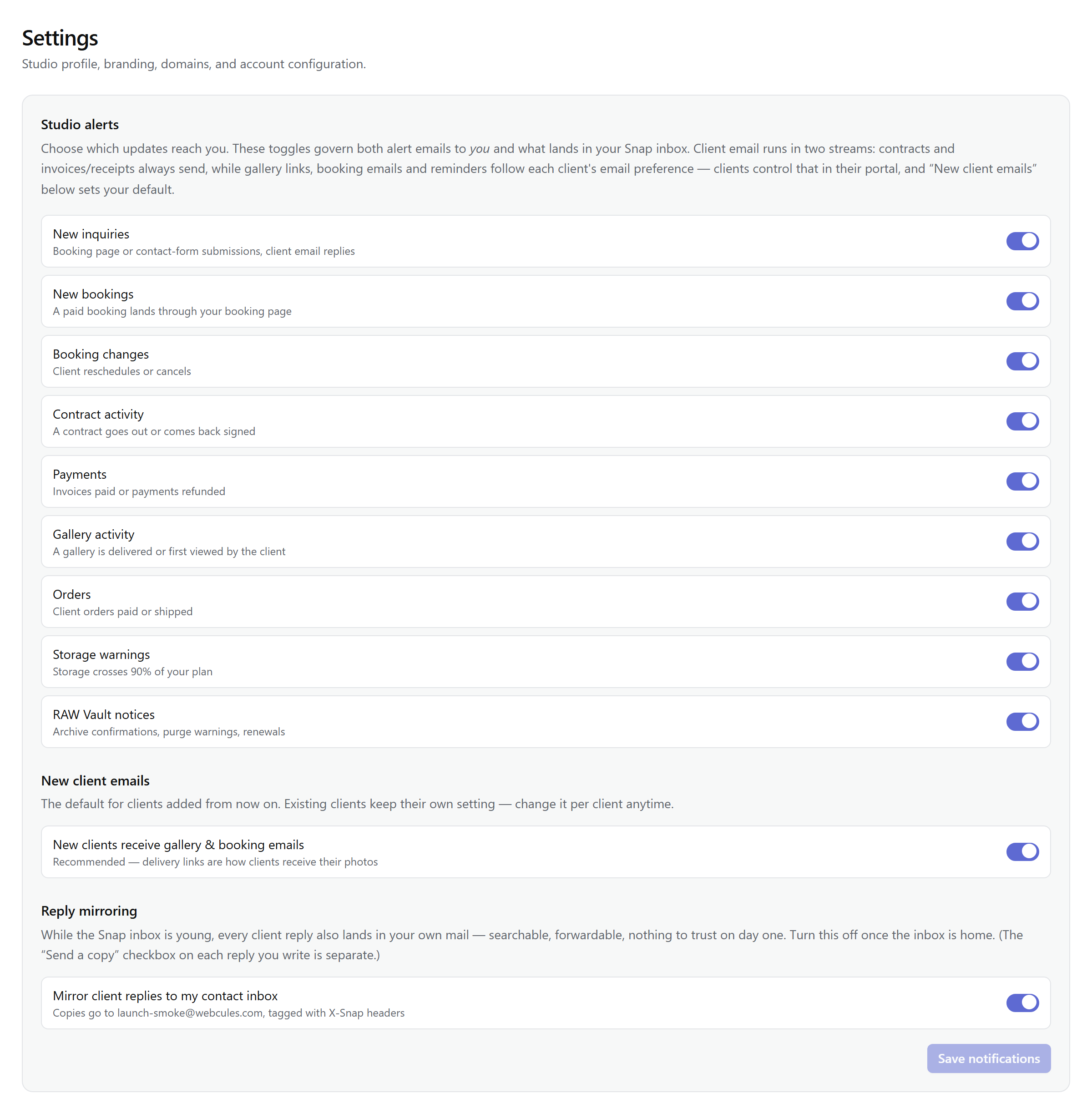 The Settings → Notifications card: studio alert toggles, the new-client email default, and a Save notifications button.