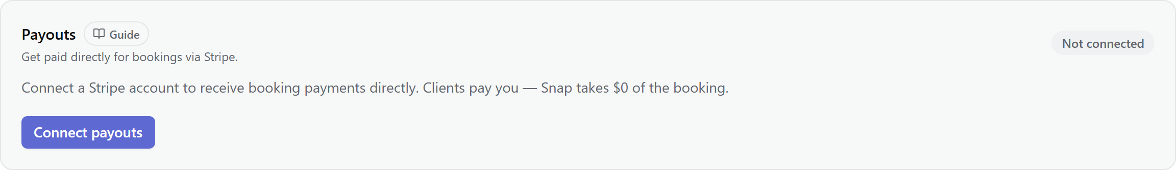 Settings → Payouts: a connected Stripe Express account showing available and pending balance, the last payout, and the payout schedule.