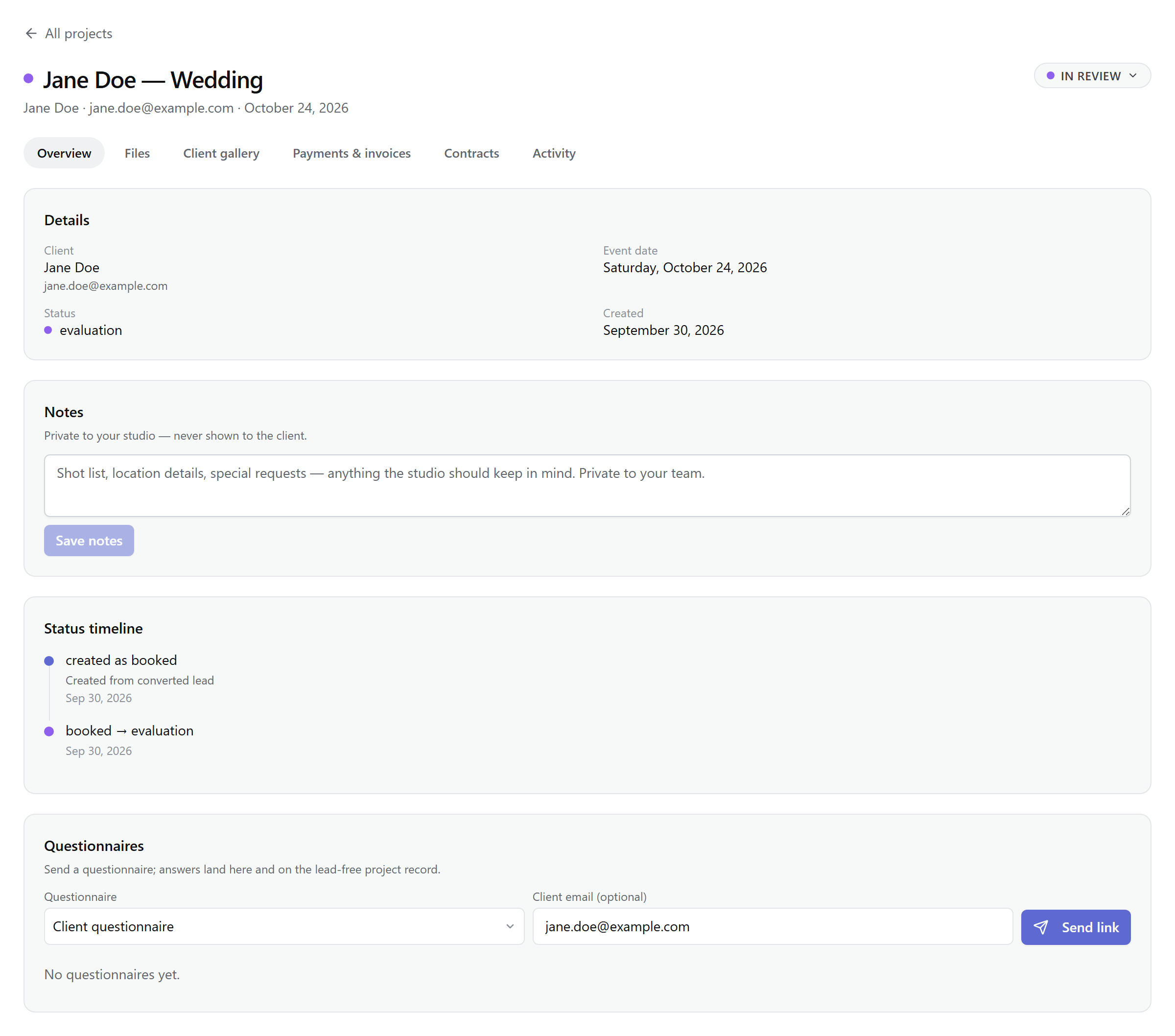 The project hub's Overview tab — details, private notes, the status timeline, and questionnaires.