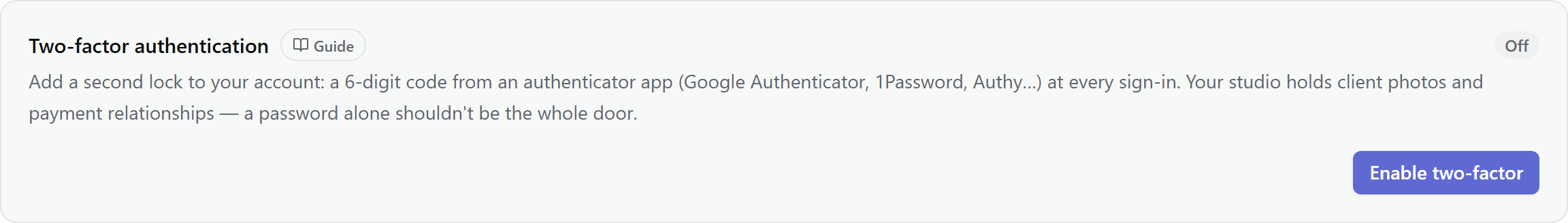 The Two-factor authentication card in Settings → Security, with its On/Off status pill and the Enable two-factor button.